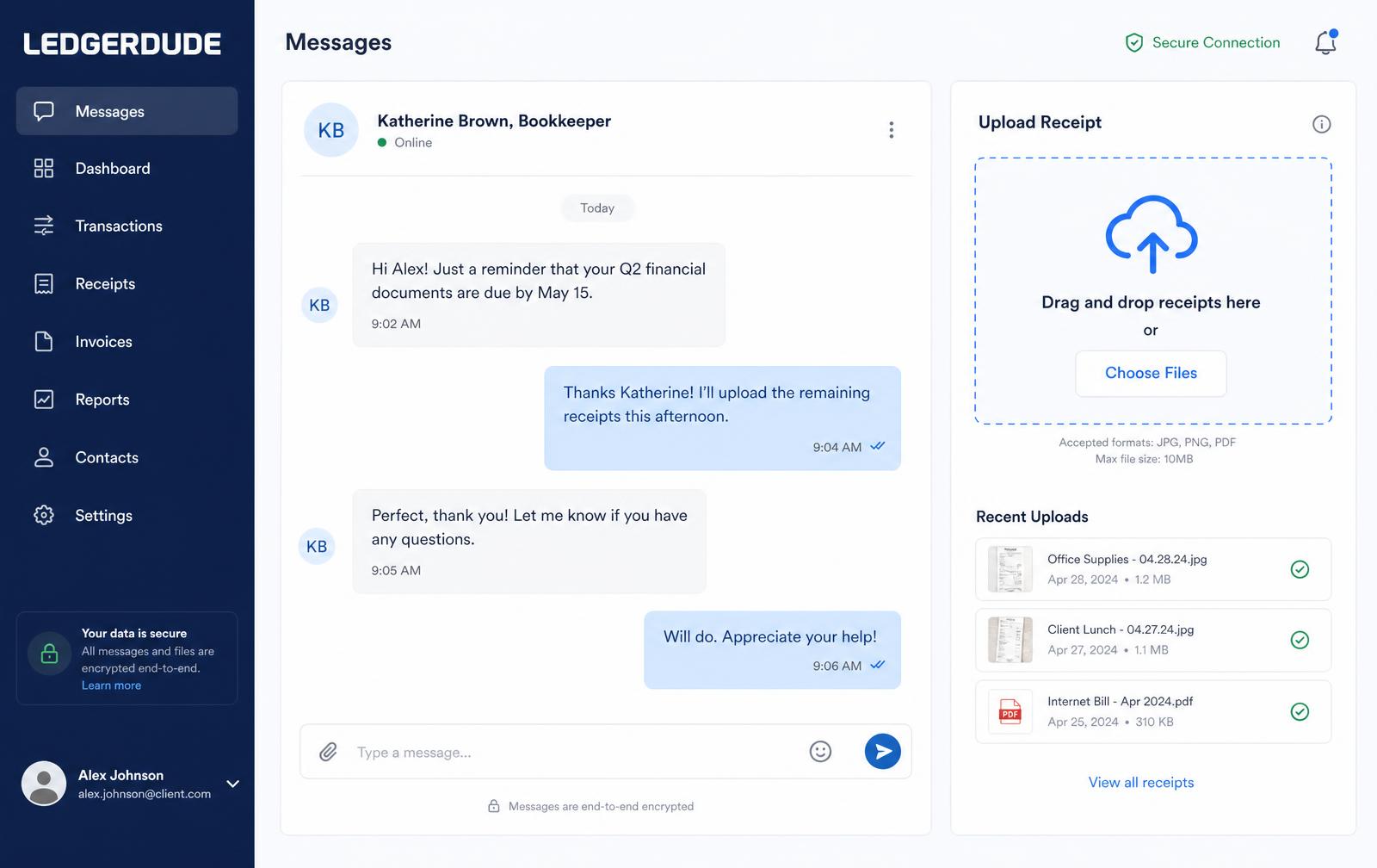 Secure messaging with your bookkeeper and a receipt upload panel